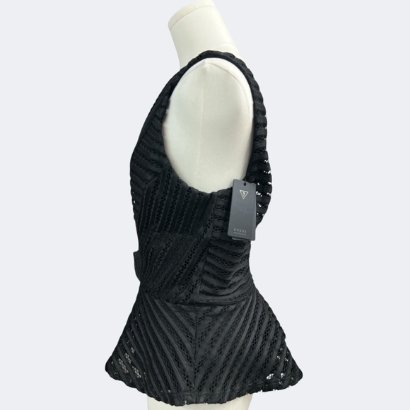 Guess Top Womens Medium Black Matilda Shadow Mesh Peplum Sleeveless Fitted USA - Picture 5 of 12